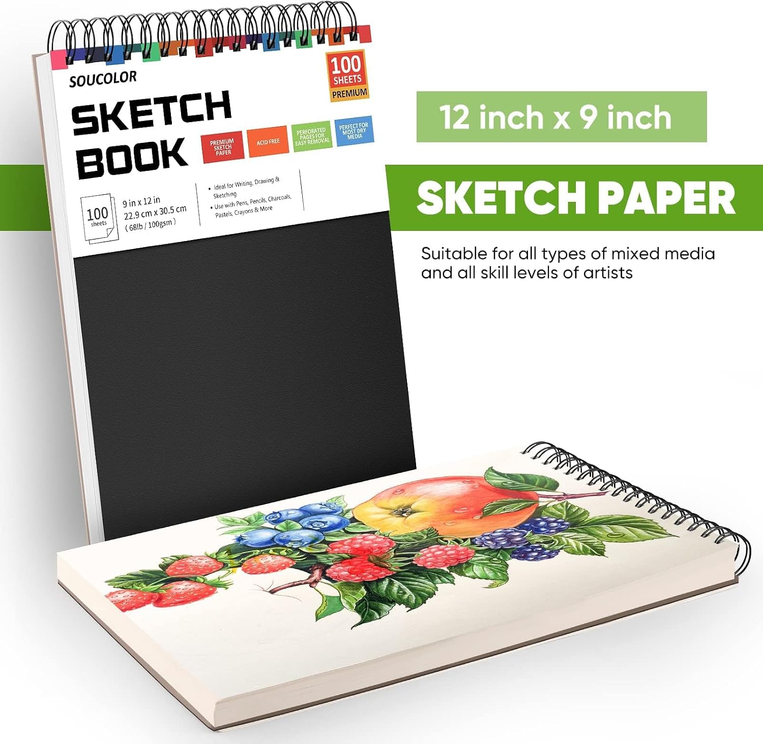 Soucolor Sketch Book 9 x 12. 100 Sheets Kids Art Sketchbook Drawing Pad | 68lb Acid-Free. Fine-Texture Paper. Top Spiral for Lay-Flat. Gift for Teens Girls Boys Beginners Adults. Art School Supplies - Image 6