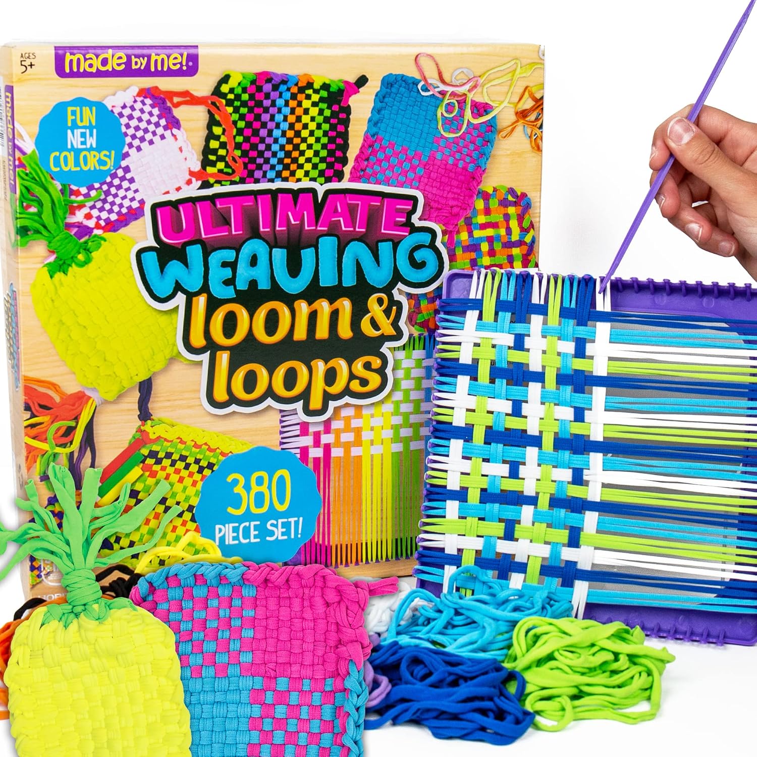 Made By Me Ultimate Weaving Loom. Includes 378 Craft Loops & 1 Weaving Loom with Tool. Makes 25 Projects. 9 Rainbow Colors of Weaving Loops. Hook & Loop Potholder Kit. DIY Weaving Kit