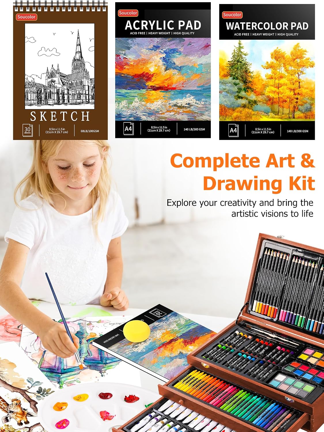 Soucolor Art Supplies.192 Pack Deluxe Art Set Drawing Painting Supplies Kit | Acrylic Pad. Watercolor Pad. Sketch Book. Canvases. Acrylic Paint. Crayons. Pencils. Gifts for Artist Adults Teen Kids - Image 4